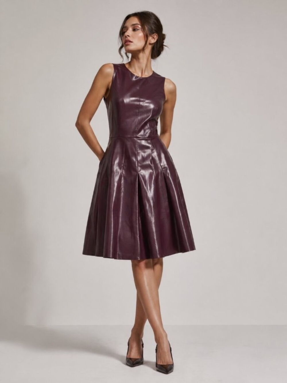 Liz Claiborne Women’s Purple Faux Leather Fit & Flare Dress, 4